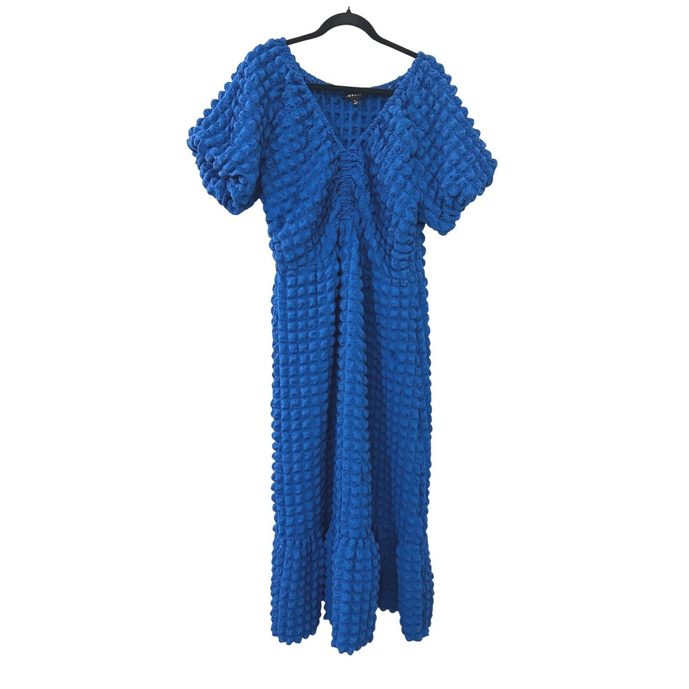 Downeast Blue Popcorn Textured Short Sleeve V-Neck Midi Dress XL Modern Event